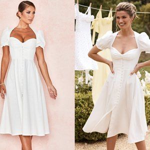 House Of CB ‘Ellery’ White Linen Blend Puff Sleeve Midi Sundress NWOT